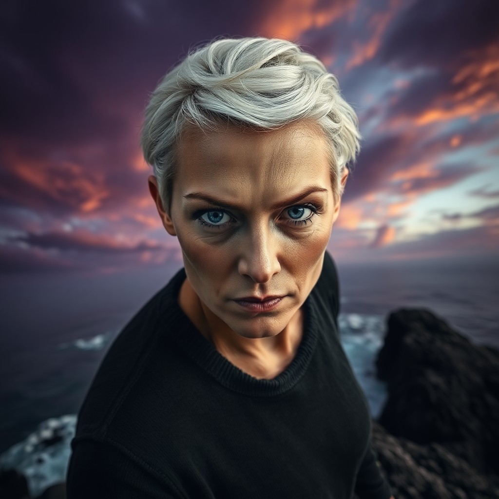 AI generated art for prompt: Craft a photorealistic portrait photograph featuring a Nordic woman with piercing blue eyes and shor