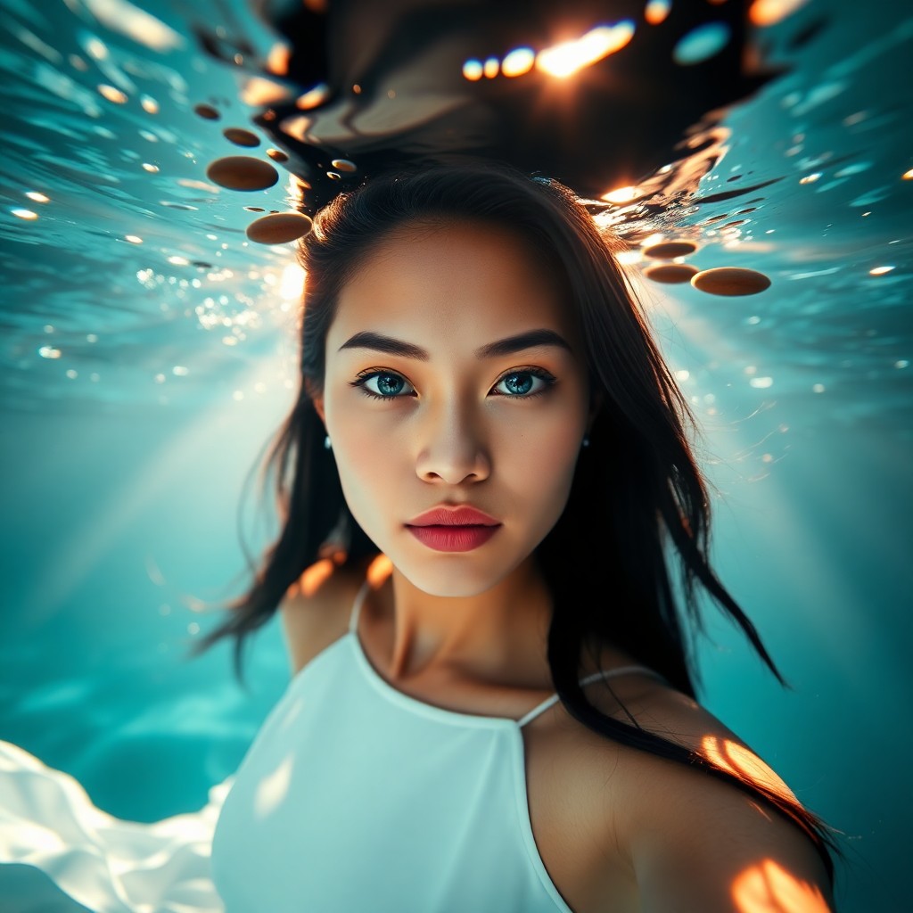 AI generated art for prompt: Craft a photorealistic portrait of a Pacific Islander woman with piercing blue eyes, jet-black hair,