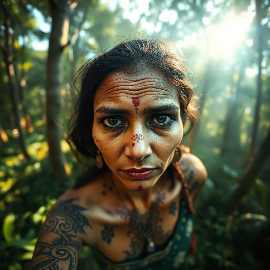 AI generated art for prompt: A highly detailed portrait photograph showcases a mysterious South Asian woman with intense dark eye