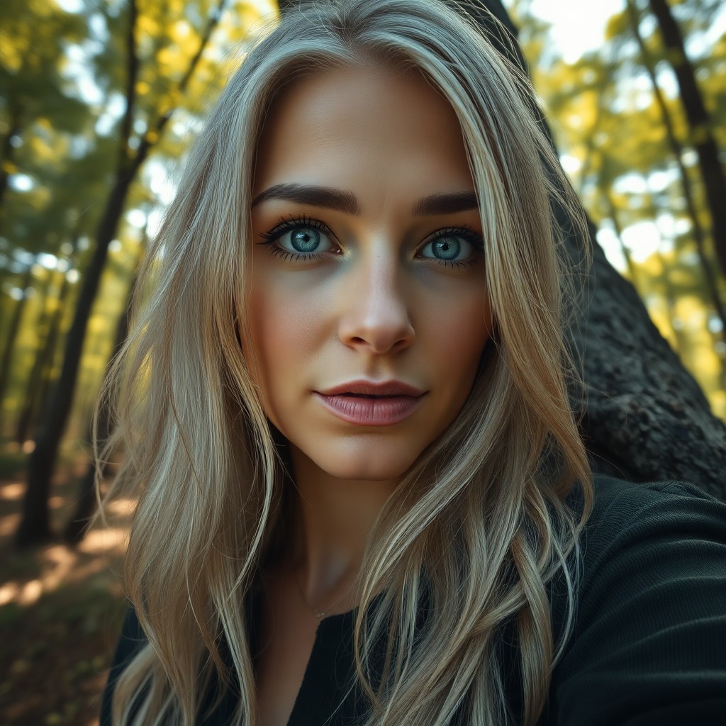 AI generated art for prompt: Envision a hyperrealistic portrait of a serene European woman with crystal blue eyes and silver-stre