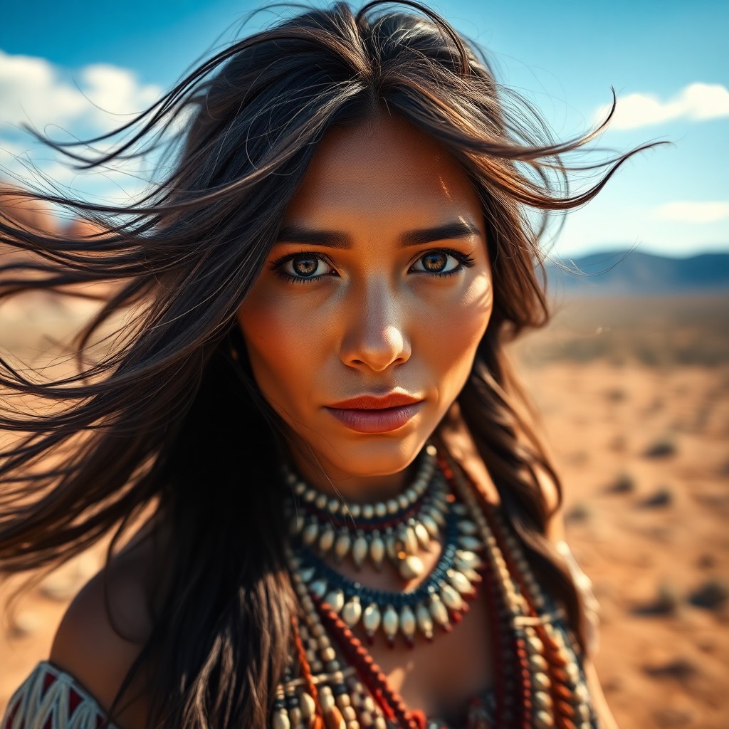 AI generated art for prompt: Craft a photorealistic portrait with a digital camera, focusing on an enigmatic Native American woma