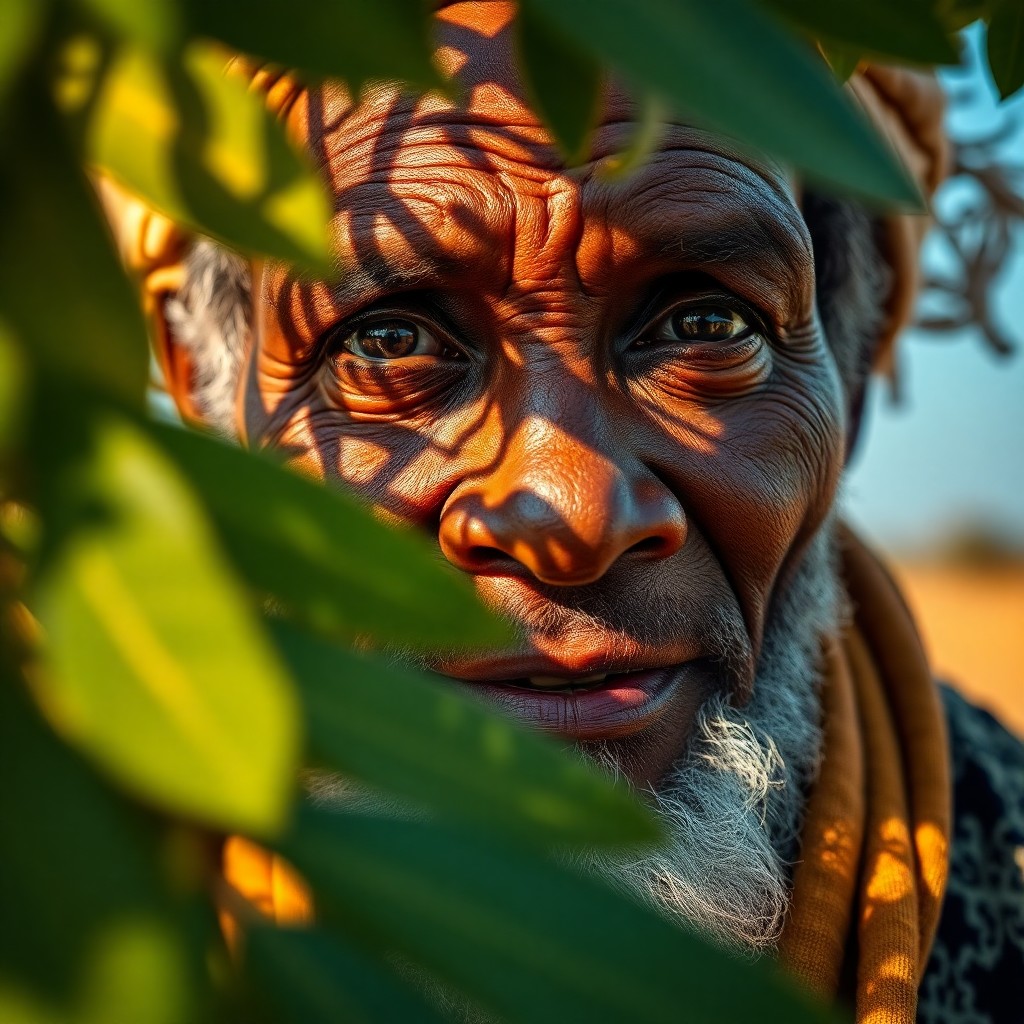 AI generated art for prompt: Craft a hyper-realistic portrait of an African elder with honeyed skin and soulful brown eyes, his f