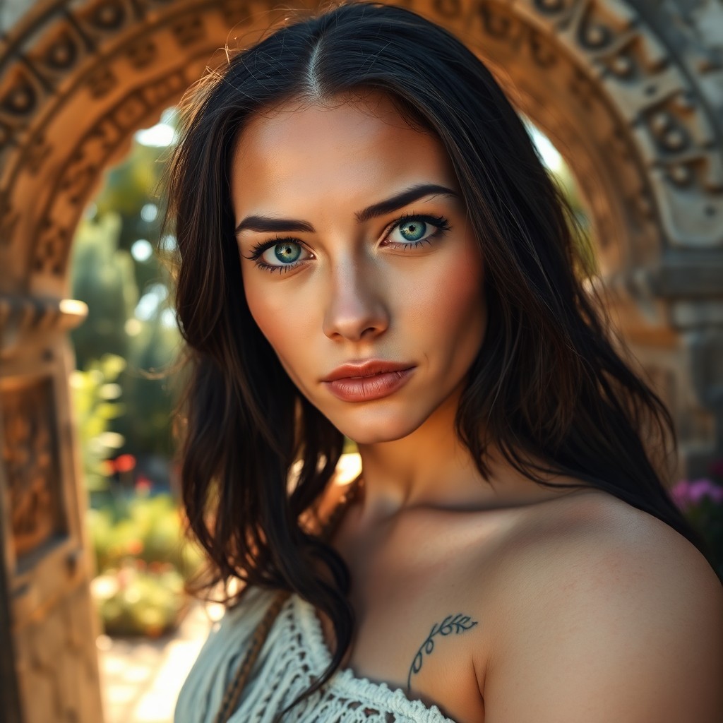 AI generated art for prompt: A photorealistic portrait captures a Native American woman's open allure, her piercing blue eyes and