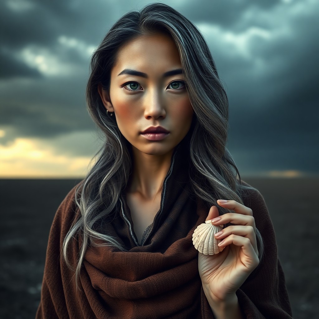 AI generated art for prompt: A hyperrealistic portrait of an East Asian woman with piercing green eyes and long hair streaked wit