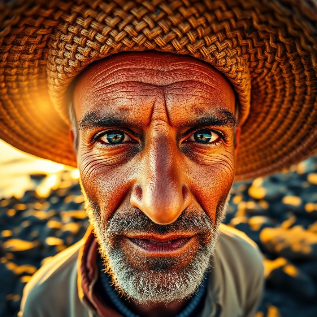 AI generated art for prompt: A charismatic Middle Eastern fisherman with a rugged, weathered face stands on a rocky shore bathed 