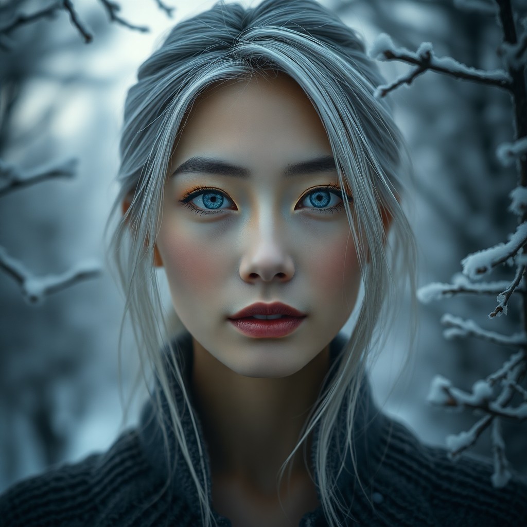 AI generated art for prompt: Envision a serene portrait of an East Asian woman with silver hair and piercing blue eyes against a 