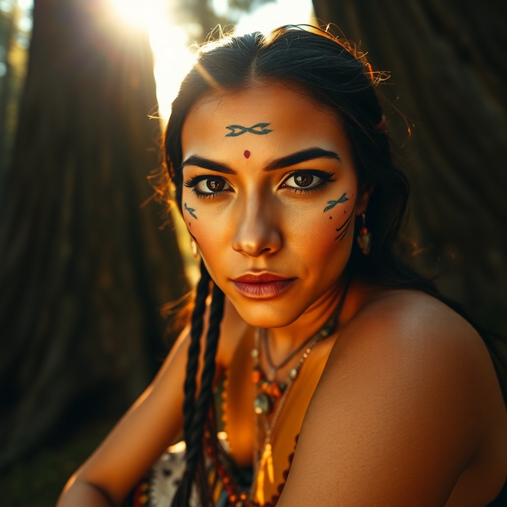 AI generated art for prompt: Imagine a photorealistic portrait photograph showcasing a Native American woman's intense gaze and s