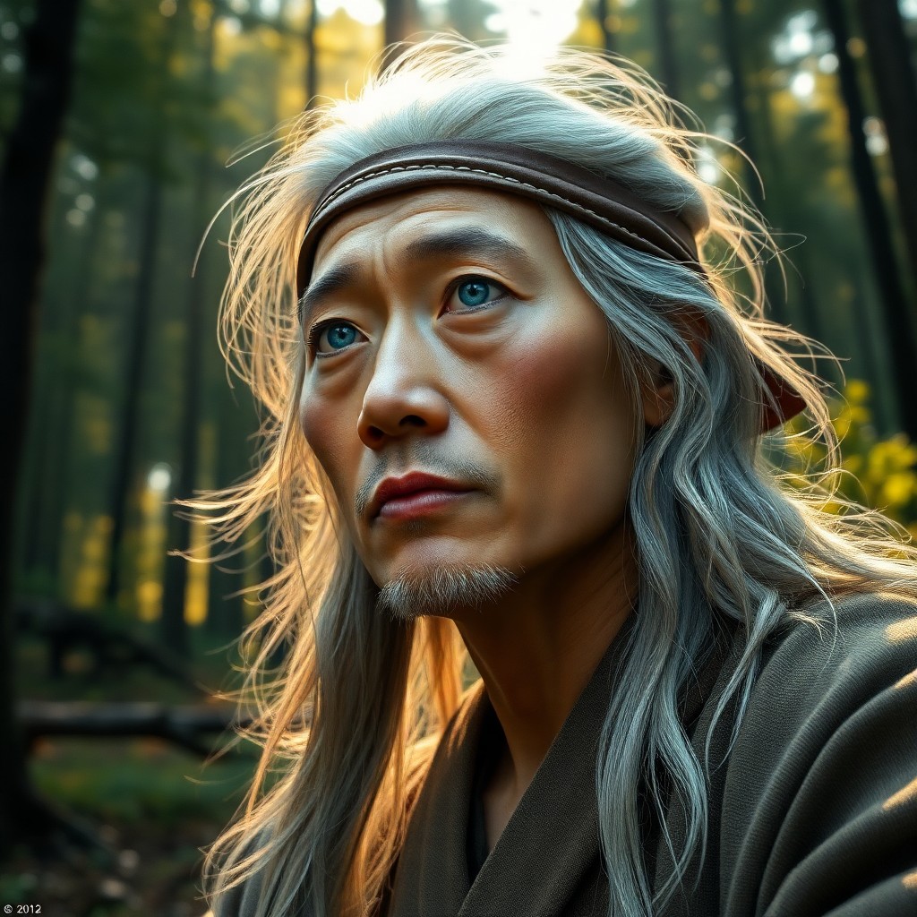 AI generated art for prompt: Craft a photorealistic portrait of an East Asian sage with piercing blue eyes and flowing silver hai