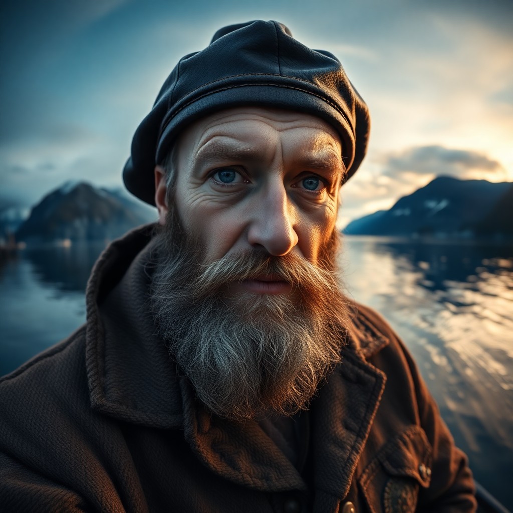 AI generated art for prompt: A photorealistic portrait photograph captures a Slavic fisherman with rugged features and piercing b