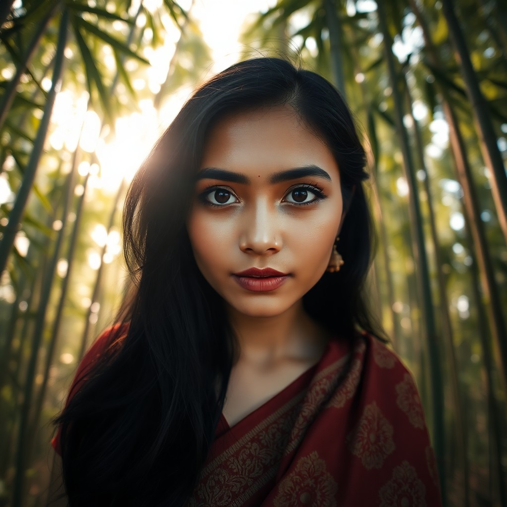 AI generated art for prompt: Imagine a captivating portrait photograph of a South Asian woman with warm almond-shaped eyes and ca