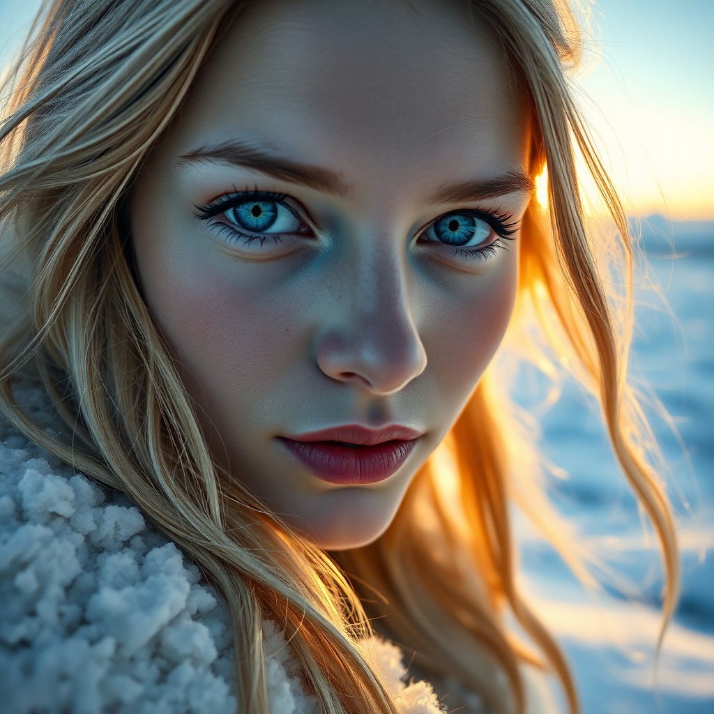 AI generated art for prompt: A hyperrealistic portrait showcases a Nordic woman with captivating ice-blue eyes and cascading gold