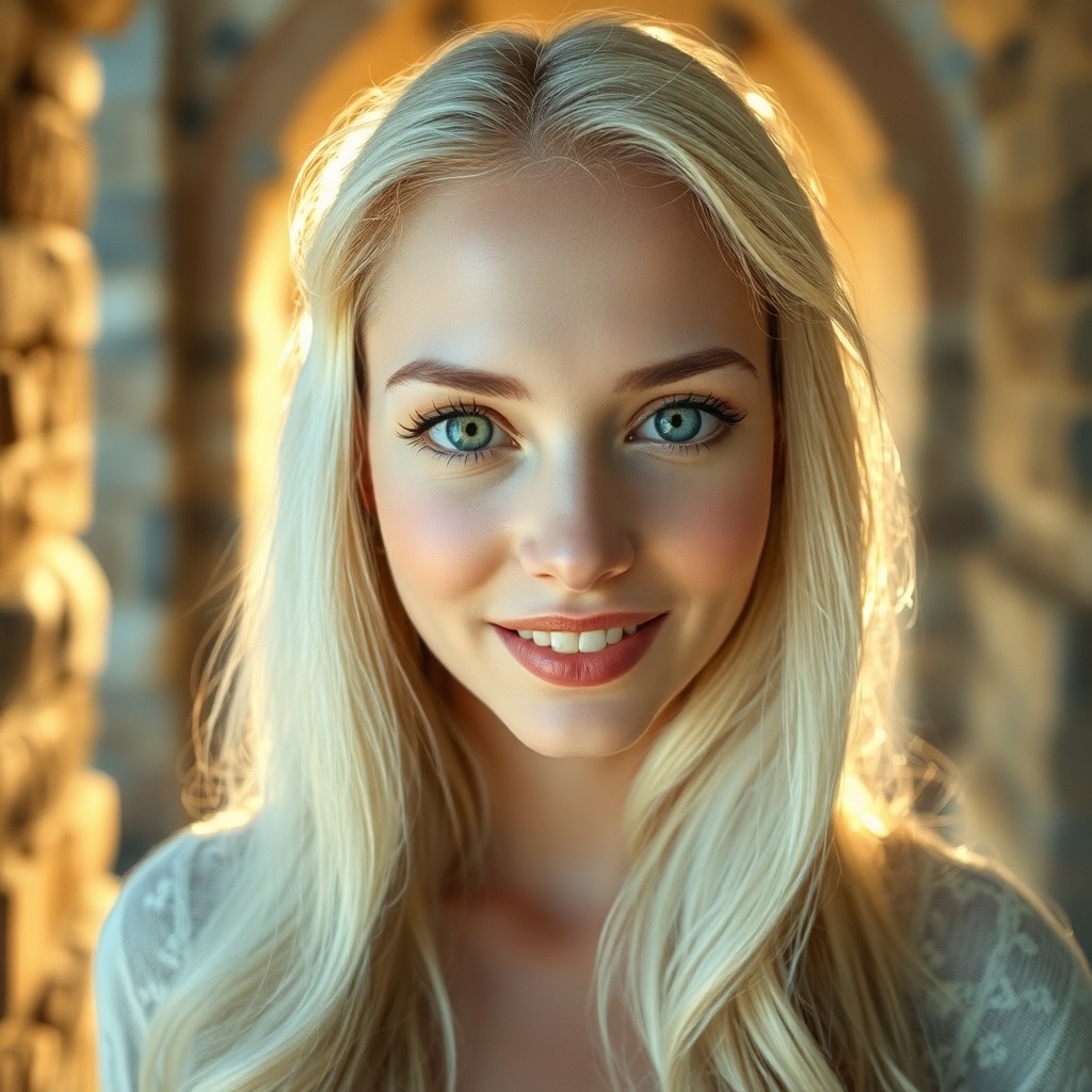 AI generated art for prompt: Imagine a film camera capturing an ethereal portrait of a European woman with piercing blue eyes and