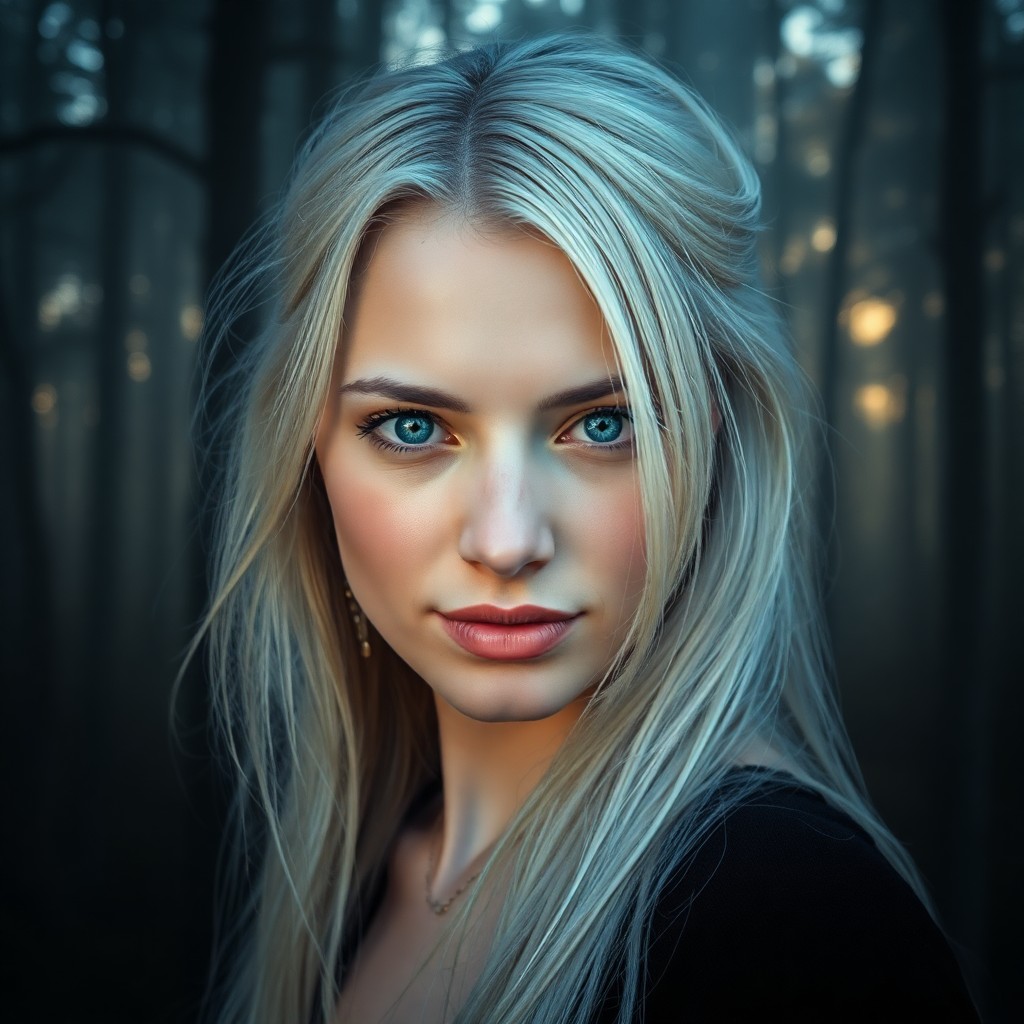 AI generated art for prompt: A portrait photograph featuring a transparent Nordic woman with piercing blue eyes and silver-white 