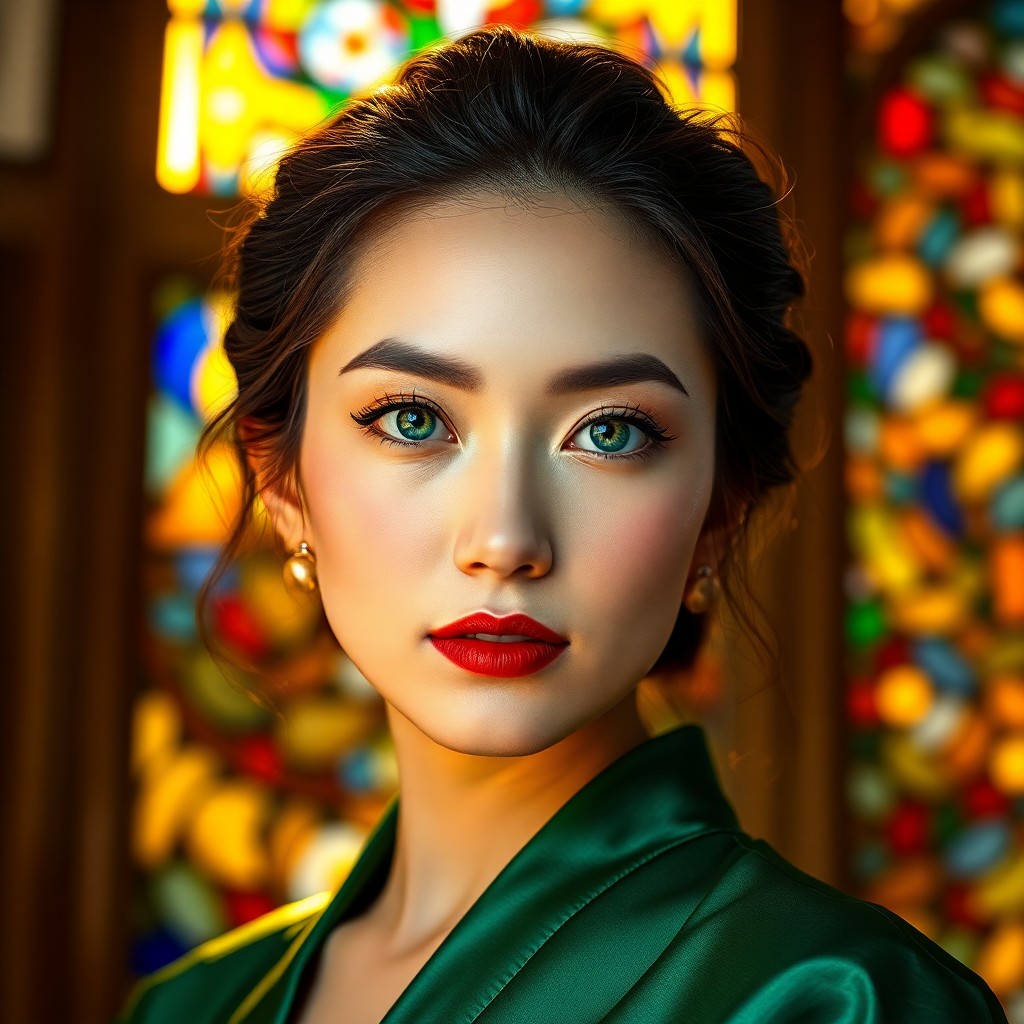 AI generated art for prompt: Envision a captivating portrait of an East Asian woman in her early 30s with porcelain skin and mesm