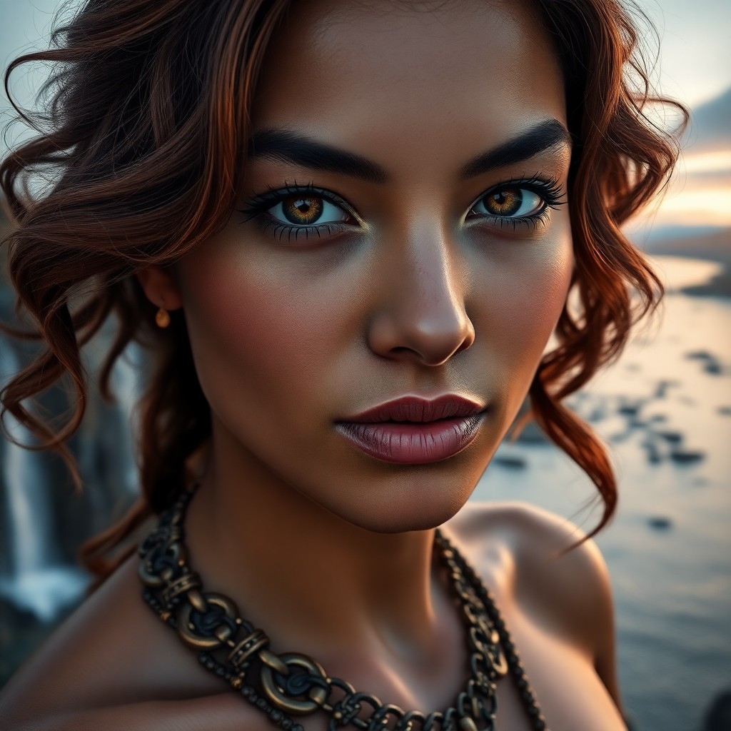 AI generated art for prompt: A photorealistic portrait photograph captures the captivating gaze of a Pacific Islander woman with 