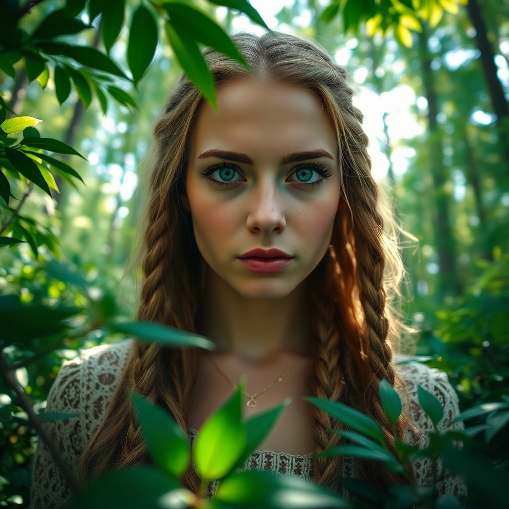 AI generated art for prompt: Imagine a captivating portrait photograph of a European woman with piercing blue eyes and long, brai