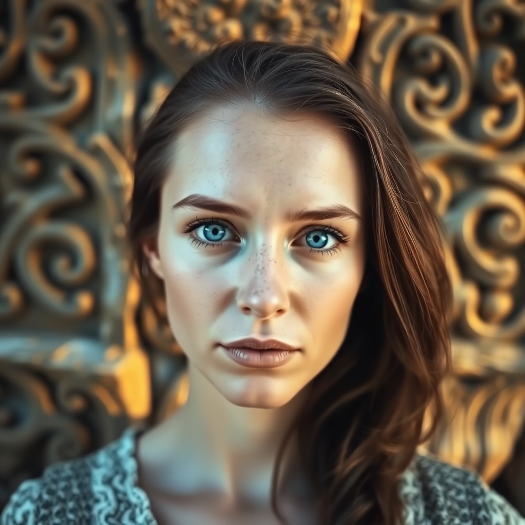 AI generated art for prompt: Imagine a photorealistic portrait photograph of a serene Slavic woman with piercing blue eyes and de