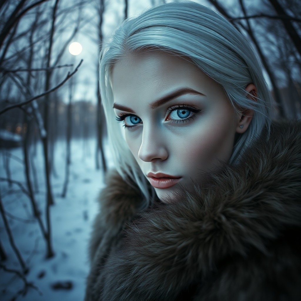 AI generated art for prompt: Envision a captivating portrait photograph of a Slavic woman with piercing ice-blue eyes and sleek p