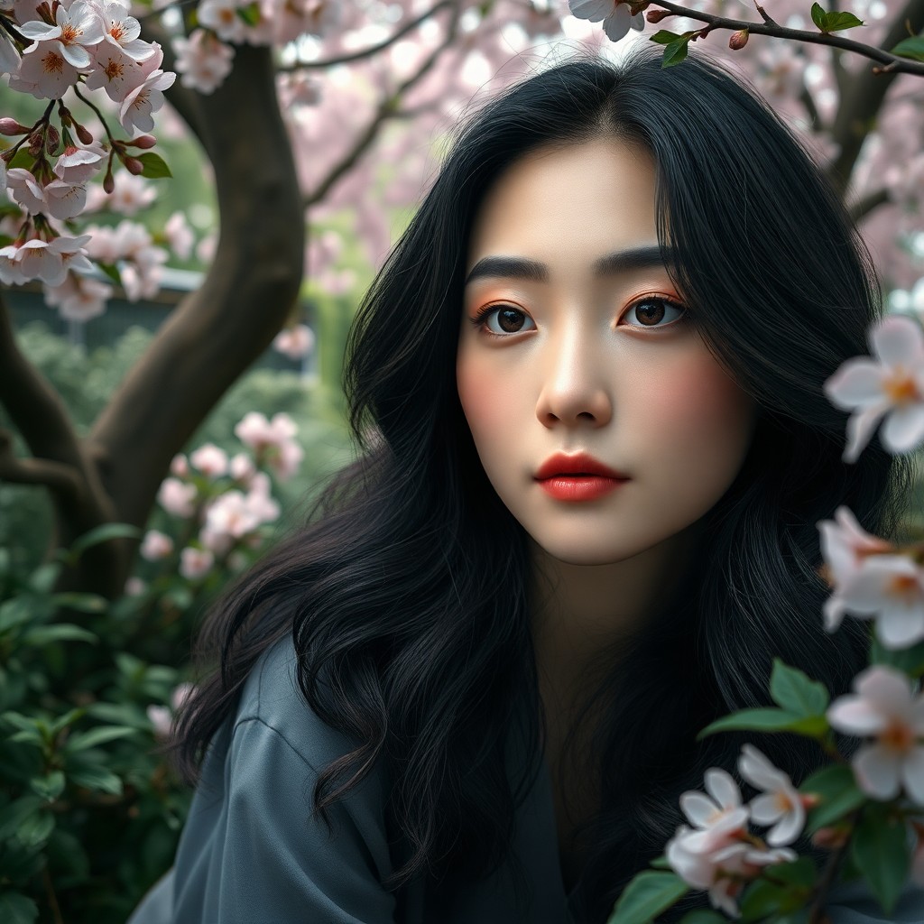 AI generated art for prompt: Craft a photorealistic portrait of an East Asian woman with dark, wavy hair, her gaze introspective 