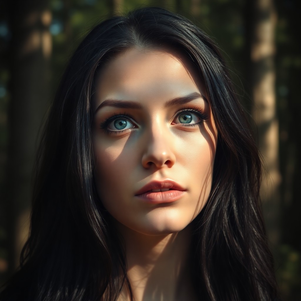 AI generated art for prompt: Photograph a captivating European woman, 35 years old, with striking azure eyes and lustrous raven h