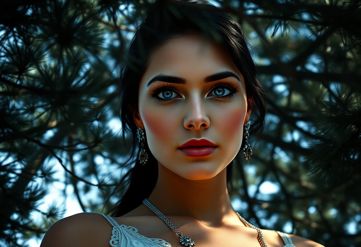 AI generated art for prompt: Visualize a photorealistic portrait of a Hispanic woman with captivating blue eyes and a fair, smoot