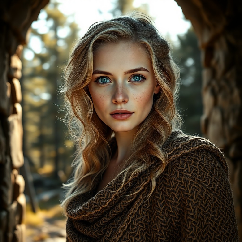 AI generated art for prompt: A portrait photograph captures an enigmatic Nordic woman. She has piercing ice-blue eyes and pale, f