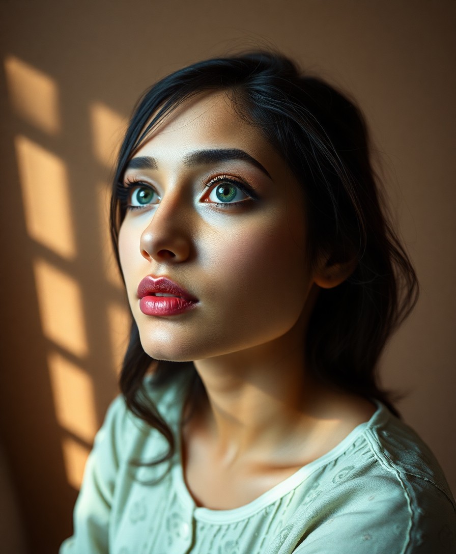 AI generated art for prompt: A captivating portrait, captured with a film camera, depicts a South Asian woman with emerald eyes a