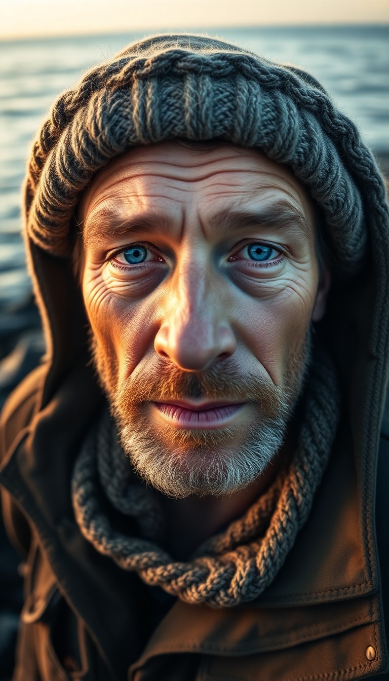 AI generated art for prompt: Create a portrait of a stoic Nordic fisherman with sun-weathered skin and piercing blue eyes. Captur