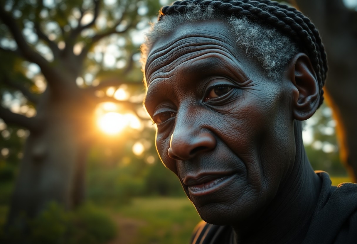 AI generated art for prompt: A portrait photograph captures the essence of a distinguished African elder. The sun, setting throug