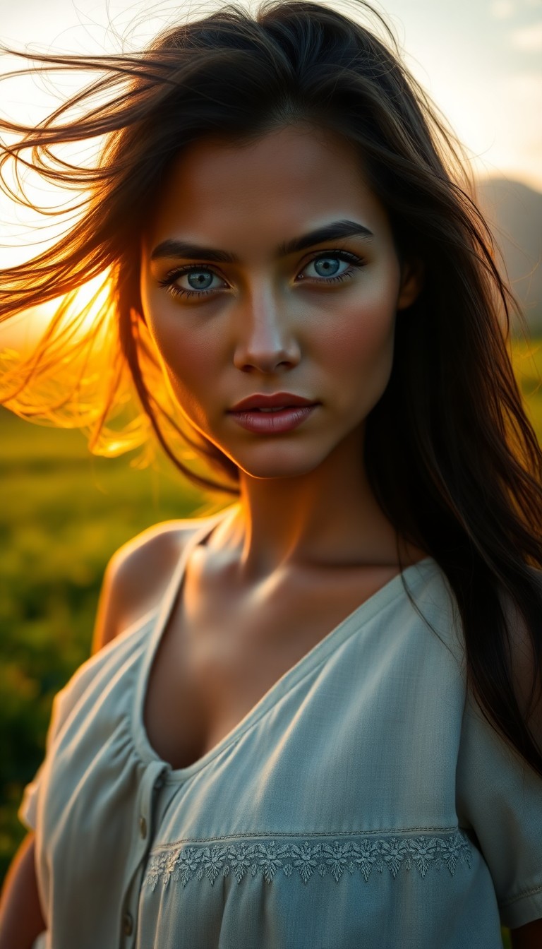 AI generated art for prompt: A portrait photograph captures the enigmatic gaze of a Pacific Islander woman with piercing blue eye