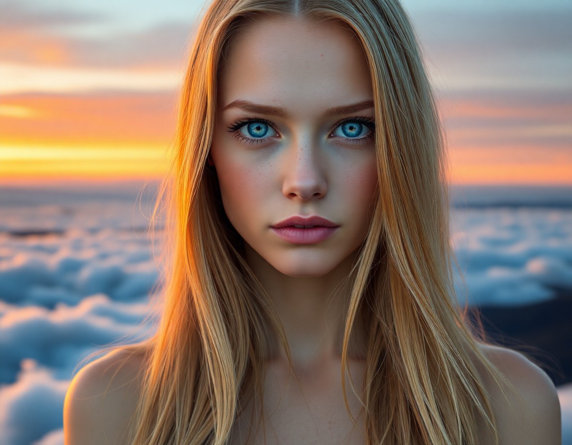 AI generated art for prompt: Create a photorealistic portrait of a Nordic woman with piercing blue eyes, long golden hair, and po