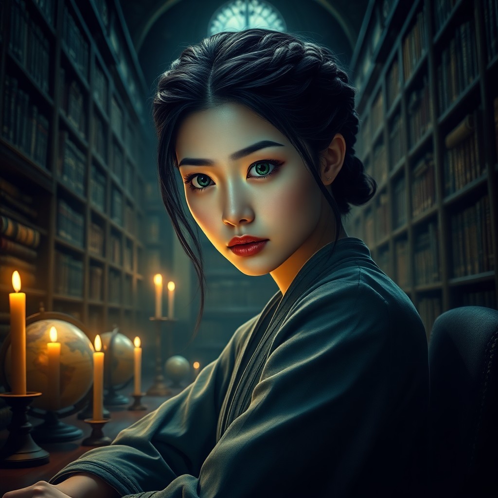 AI generated art for prompt: Envision a photorealistic portrait of an East Asian woman with enigmatic emerald eyes and intricate 