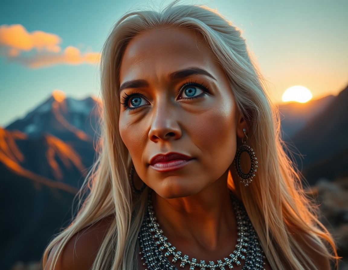 AI generated art for prompt: Create a hyperrealistic portrait of a Pacific Islander woman with enigmatic piercing blue eyes and l