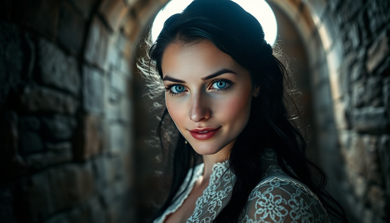 AI generated art for prompt: Create a portrait photograph of a European woman with piercing blue eyes and raven-black hair, illum