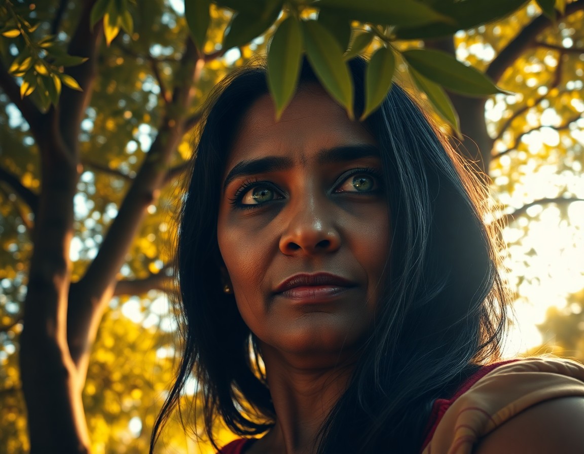 AI generated art for prompt: A portrait photograph, captured by a smartphone, unveils the enigmatic beauty of a South Asian woman