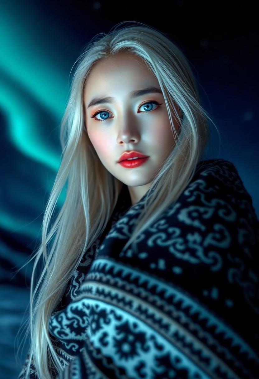 AI generated art for prompt: Create a photorealistic portrait of an East Asian woman with striking ice-blue eyes and long, platin