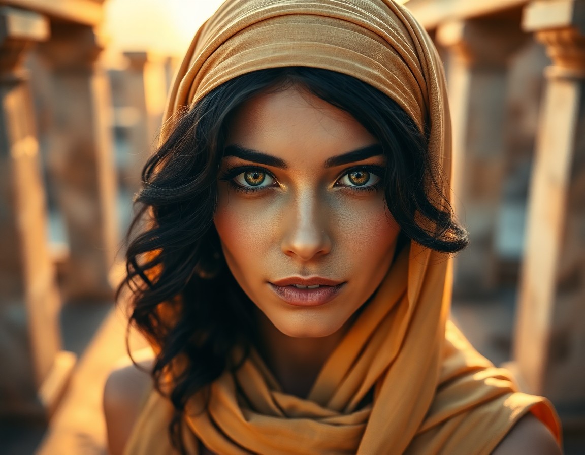 AI generated art for prompt: A portrait photograph captures the enigmatic allure of a Middle Eastern woman with captivating amber