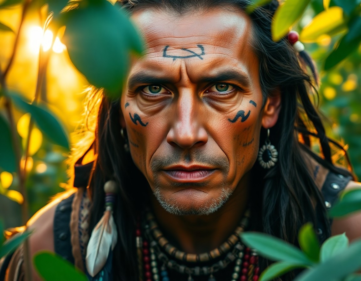 AI generated art for prompt: Create a photorealistic portrait of a Native American shaman, capturing his enigmatic essence. With 