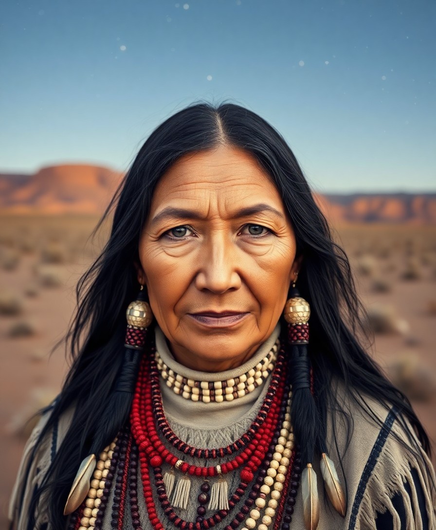 AI generated art for prompt: A portrait photograph captures the serene gaze of a Native American elder. Her wise, deep-set eyes r