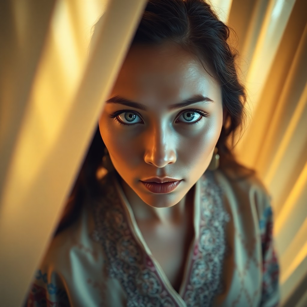 AI generated art for prompt: Visualize a portrait photograph capturing the enigmatic allure of a Native American woman with pierc