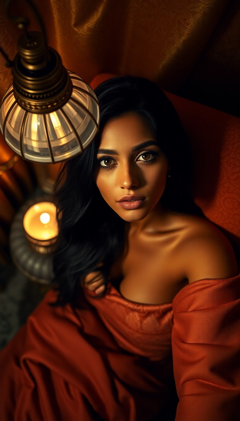 AI generated art for prompt: A portrait photograph captures the enigmatic allure of a Middle Eastern woman with captivating amber