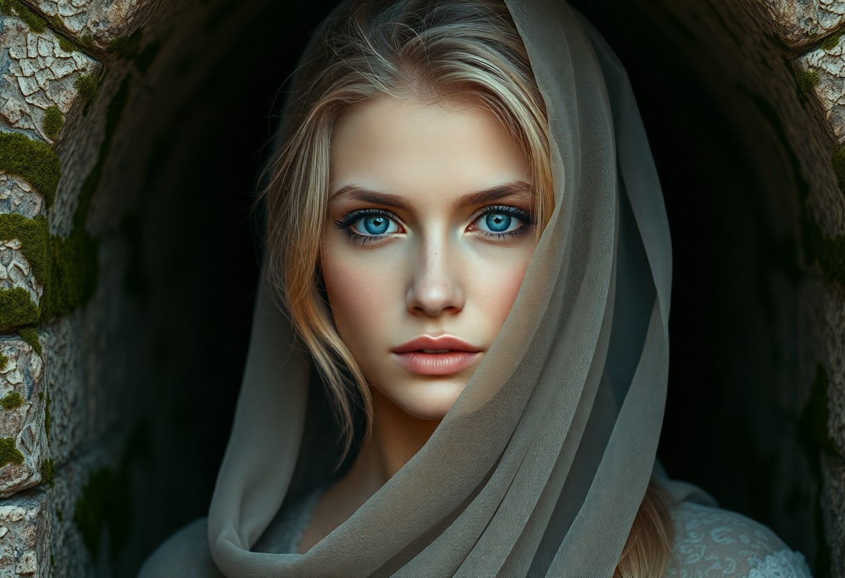 AI generated art for prompt: Create a portrait photograph of a Middle Eastern woman with piercing blue eyes and golden blonde hai