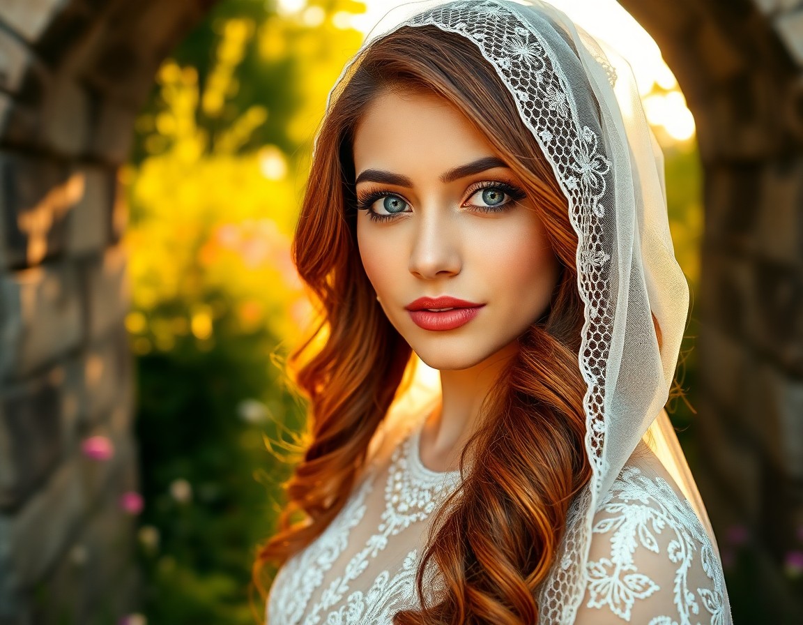 AI generated art for prompt: Create a captivating portrait photo of a South Asian woman with piercing blue eyes and long, wavy au