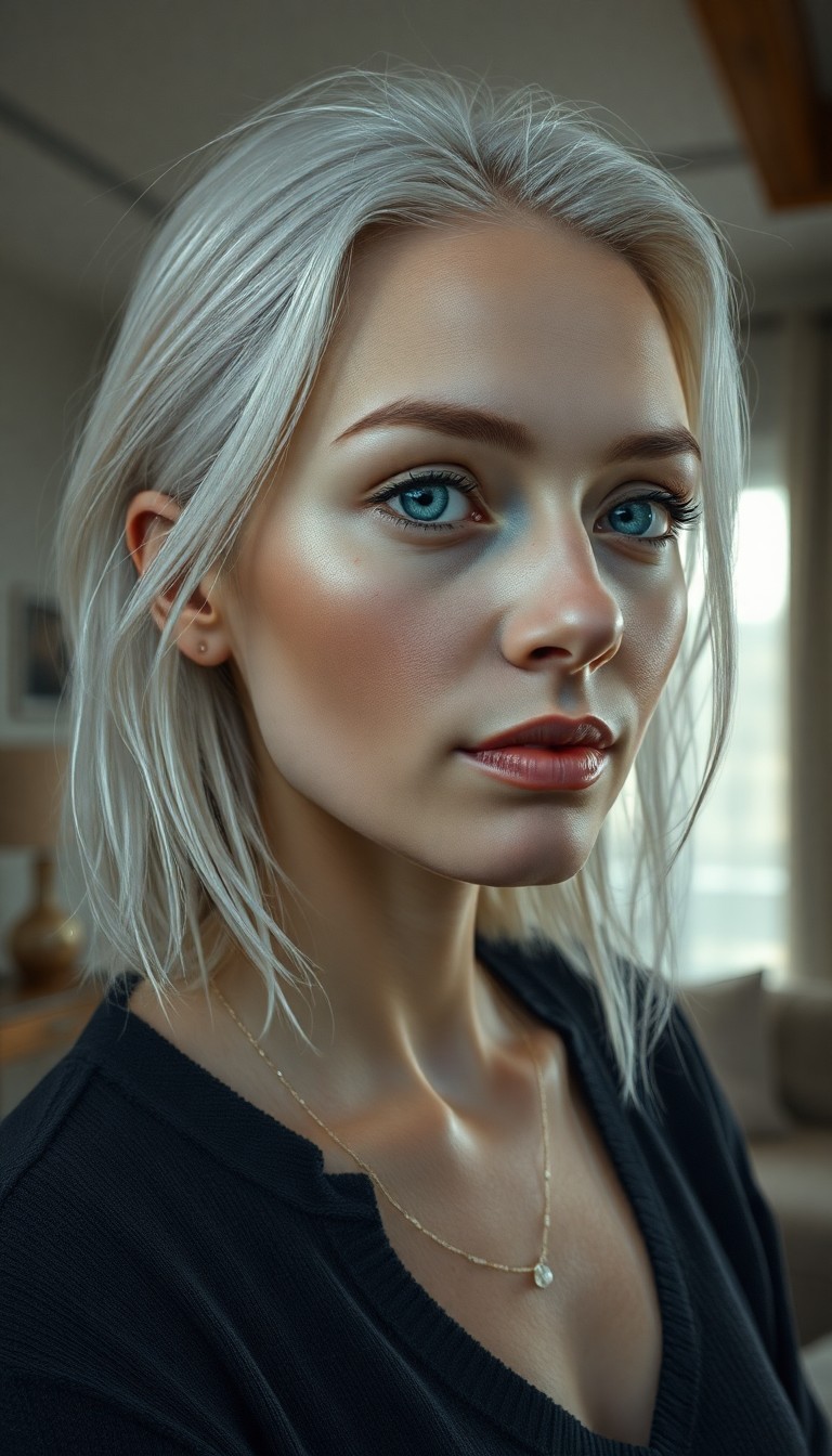 AI generated art for prompt: Envision a hyperrealistic portrait of an enigmatic Slavic woman with piercing ice-blue eyes and shou