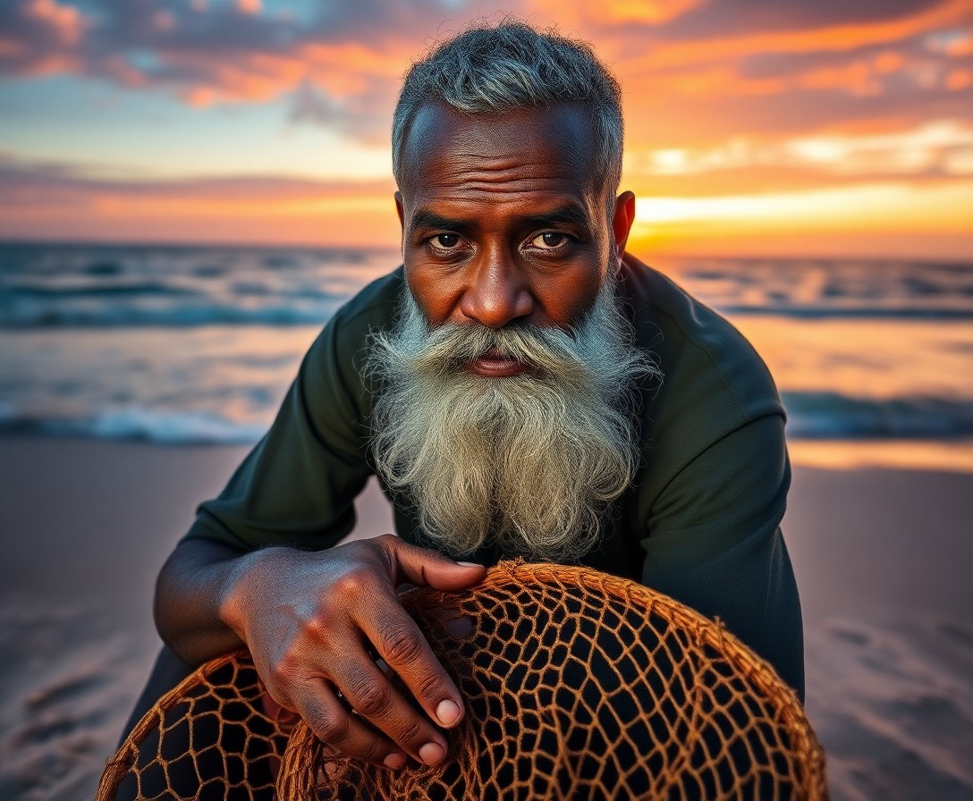 AI generated art for prompt: Imagine a portrait capturing the enigmatic essence of an African fisherman. His soulful brown eyes h