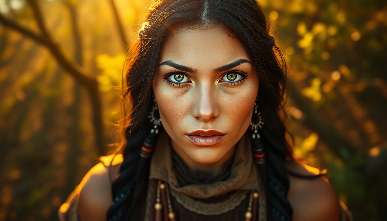 AI generated art for prompt: A portrait of a Native American woman with striking green eyes and raven-black hair adorned with int