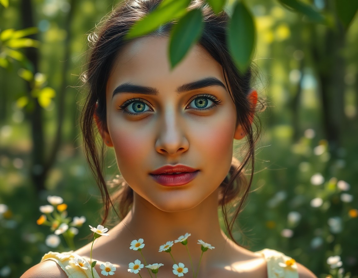 AI generated art for prompt: Create a photorealistic portrait of a South Asian woman with emerald eyes and porcelain skin, standi