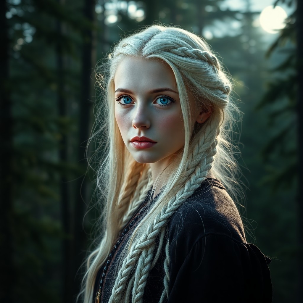 AI generated art for prompt: A portrait photograph captures an enchanting Nordic woman with mesmerizing blue eyes and lustrous pl