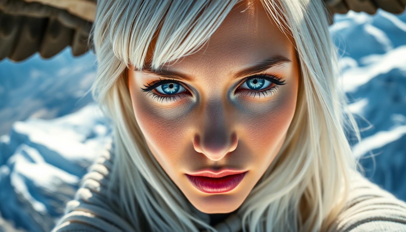 AI generated art for prompt: A portrait of a Hispanic woman, her ice-blue eyes and platinum hair illuminated by the sharp light o