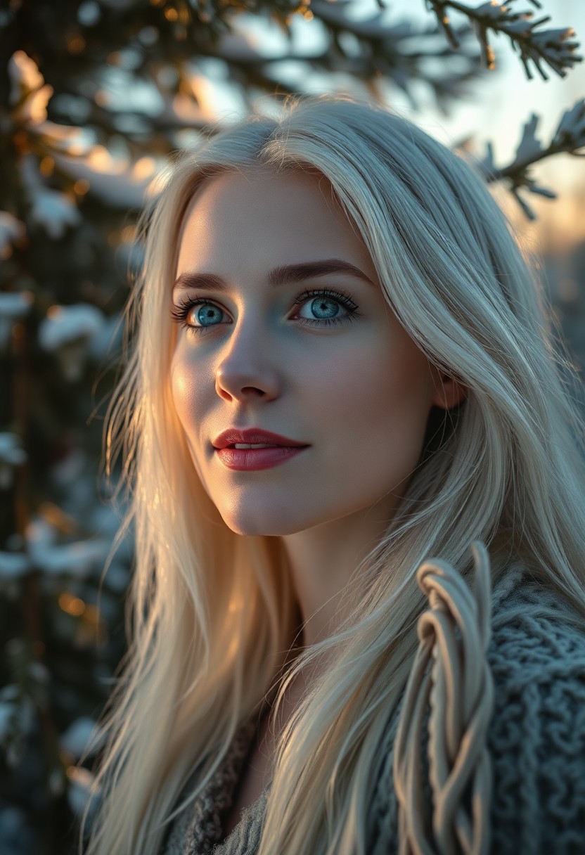 AI generated art for prompt: Envision a DSLR portrait capturing an enigmatic European woman with piercing ice-blue eyes and snow-